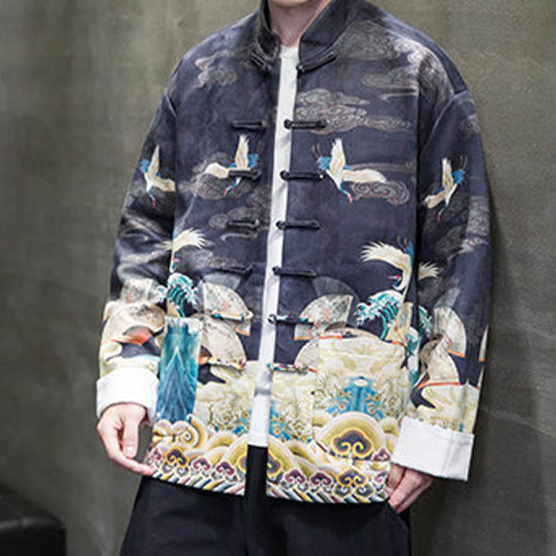 Buddha Stonesカエルボタン 中国唐装 鶴のキャラクター ロングシャツ コットンスエード メンズ ジャケット 衣類 - image 9