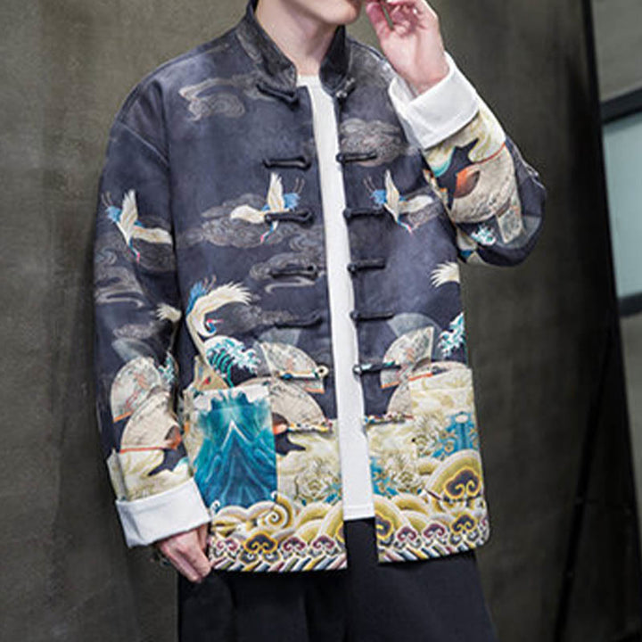 Buddha Stonesカエルボタン 中国唐装 鶴のキャラクター ロングシャツ コットンスエード メンズ ジャケット 衣類 - image 11