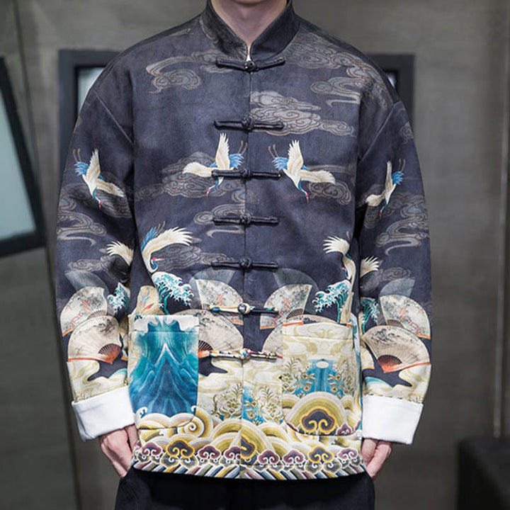 Buddha Stonesカエルボタン 中国唐装 鶴のキャラクター ロングシャツ コットンスエード メンズ ジャケット 衣類 - image 13