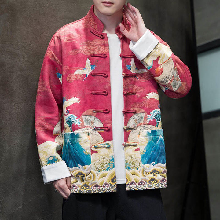 Buddha Stonesカエルボタン 中国唐装 鶴のキャラクター ロングシャツ コットンスエード メンズ ジャケット 衣類 - クリムゾン - US/UK/AU46、 EU56 (5XL) - image 16