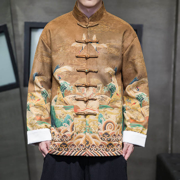 Buddha Stonesカエルボタン 中国唐装 鶴のキャラクター ロングシャツ コットンスエード メンズ ジャケット 衣類 - image 4