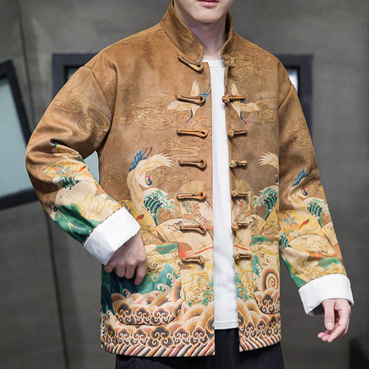 Buddha Stonesカエルボタン 中国唐装 鶴のキャラクター ロングシャツ コットンスエード メンズ ジャケット 衣類 - image 6