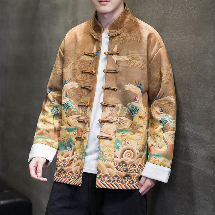 Buddha Stonesカエルボタン 中国唐装 鶴のキャラクター ロングシャツ コットンスエード メンズ ジャケット 衣類 - ゴールデンロッド - US/UK/AU46、 EU56 (5XL) - image 0