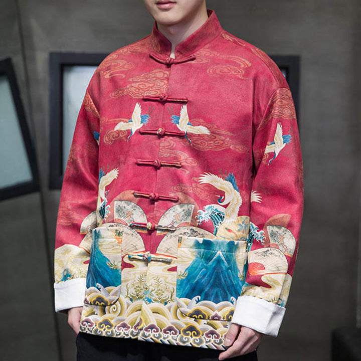 Buddha Stonesカエルボタン 中国唐装 鶴のキャラクター ロングシャツ コットンスエード メンズ ジャケット 衣類 - image 22