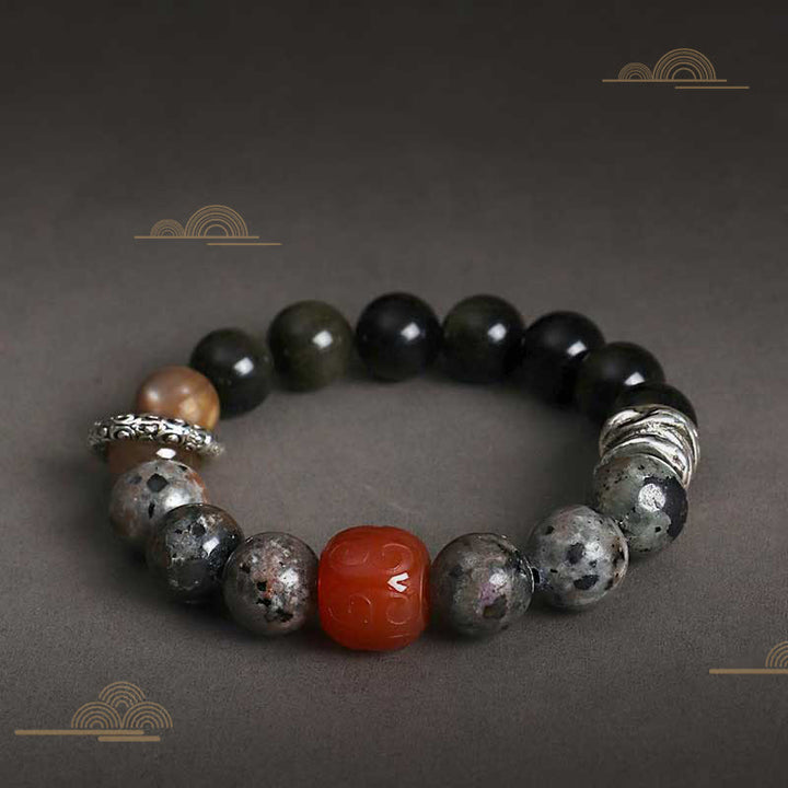 Buddha Stonesゴールドシーン 黒曜石 溶岩石 赤瑪瑙 守護ブレスレット