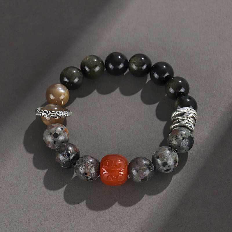 Buddha Stonesゴールドシーン 黒曜石 溶岩石 赤瑪瑙 守護ブレスレット