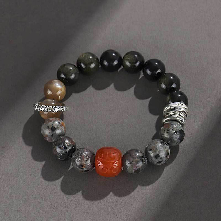 Buddha Stonesゴールドシーン 黒曜石 溶岩石 赤瑪瑙 守護ブレスレット