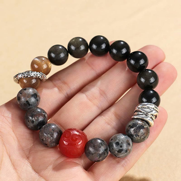 Buddha Stonesゴールドシーン 黒曜石 溶岩石 赤瑪瑙 守護ブレスレット