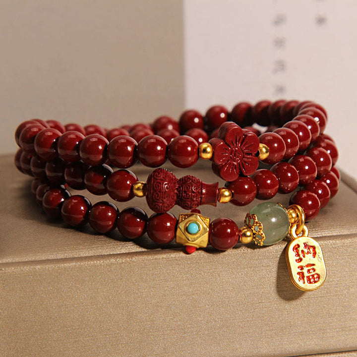Buddha Stones辰砂 福文字 花ひょうたん トリプルラップ 祝福ブレスレット