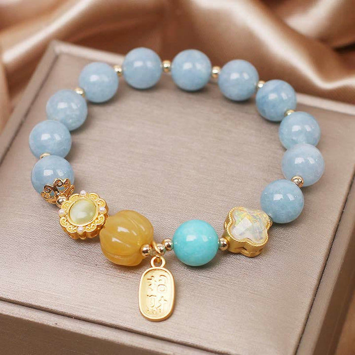 Buddha Stonesアクアマリン パンプキンパール 富の守護ブレスレット