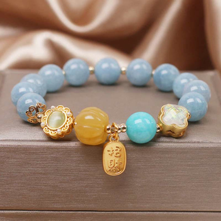 Buddha Stonesアクアマリン パンプキンパール 富の守護ブレスレット