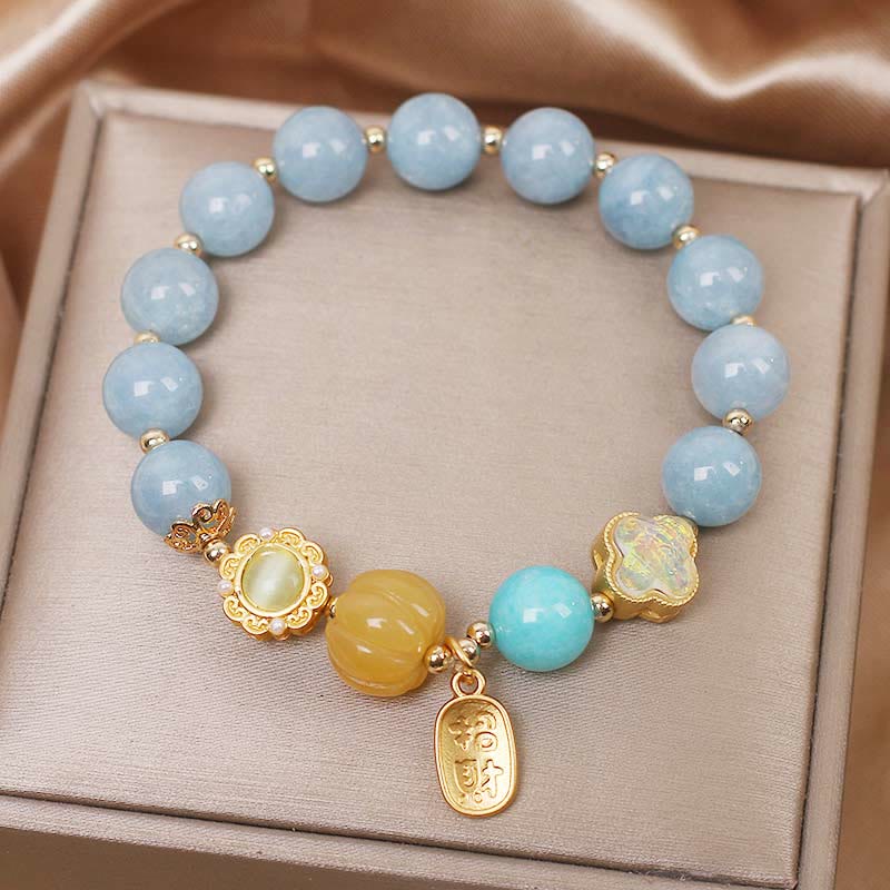Buddha Stonesアクアマリン パンプキンパール 富の守護ブレスレット