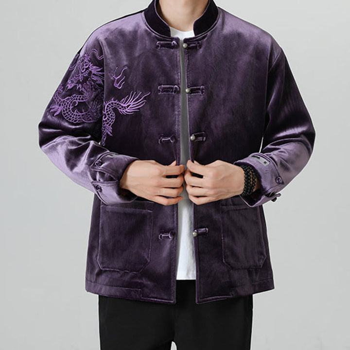 Buddha Stones刺繍ドラゴンカジュアルフロッグボタンコットンメンズジャケットシャツ服 - image 33
