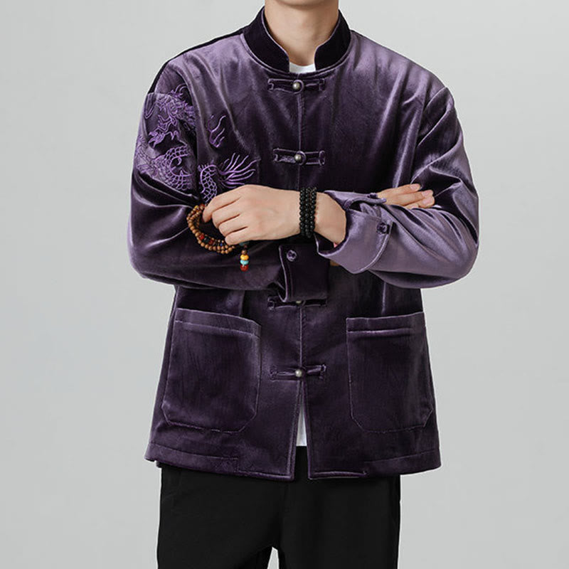 Buddha Stones刺繍ドラゴンカジュアルフロッグボタンコットンメンズジャケットシャツ服 - image 35