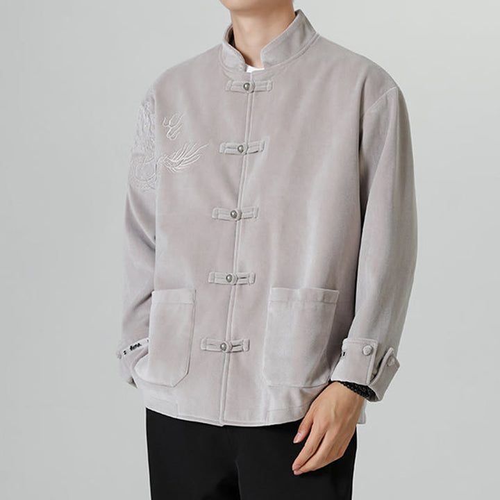 Buddha Stones刺繍ドラゴンカジュアルフロッグボタンコットンメンズジャケットシャツ服 - image 16