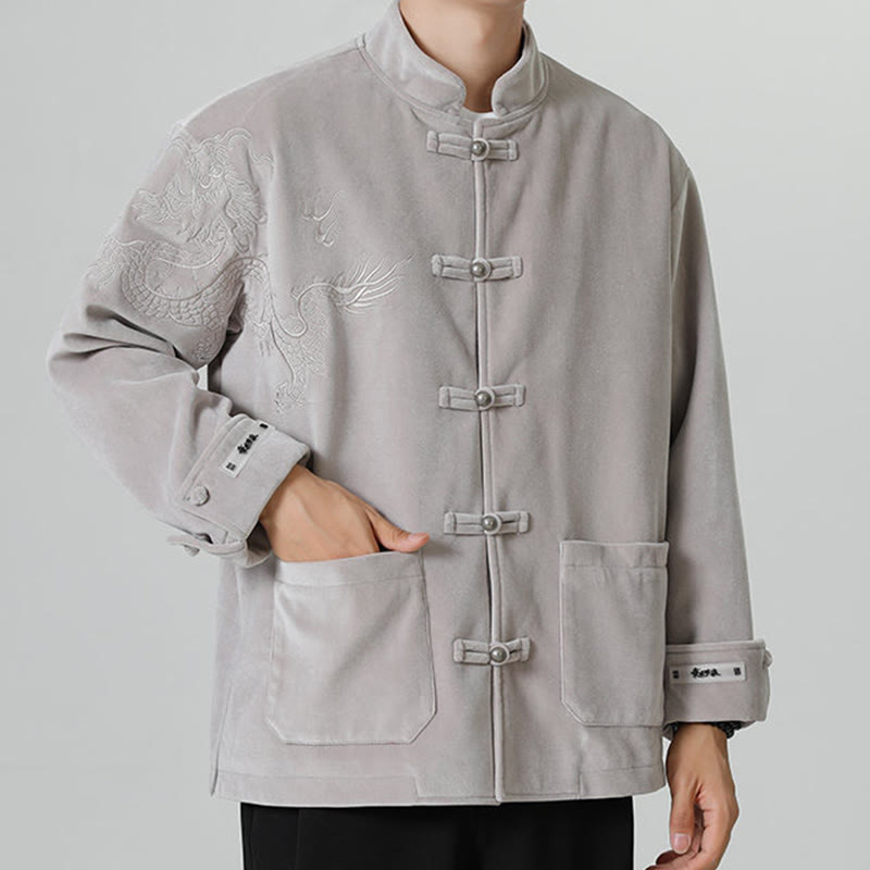 Buddha Stones刺繍ドラゴンカジュアルフロッグボタンコットンメンズジャケットシャツ服 - image 15