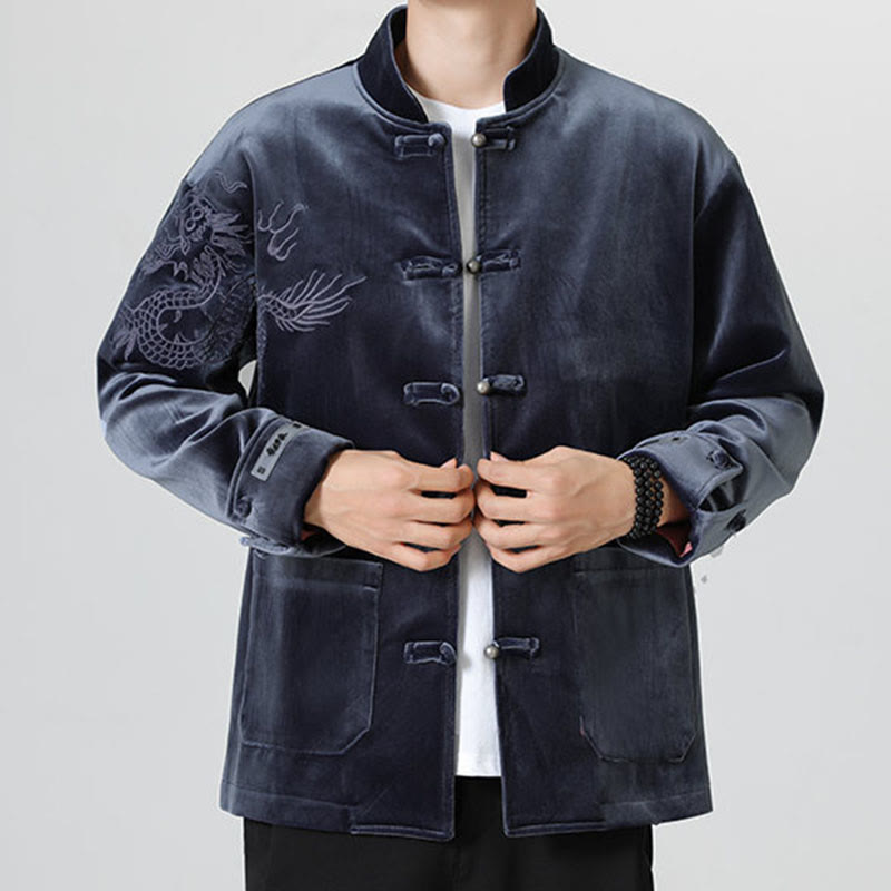 Buddha Stones刺繍ドラゴンカジュアルフロッグボタンコットンメンズジャケットシャツ服 - image 28