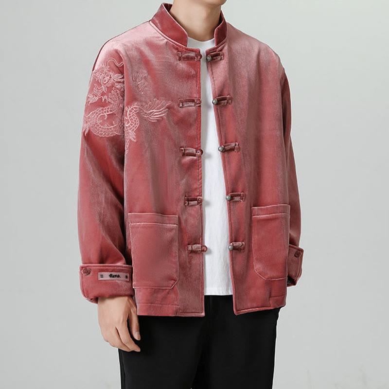 Buddha Stones刺繍ドラゴンカジュアルフロッグボタンコットンメンズジャケットシャツ服 - image 1