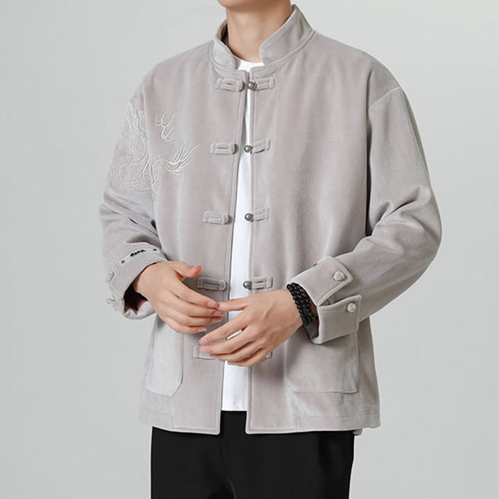 Buddha Stones刺繍ドラゴンカジュアルフロッグボタンコットンメンズジャケットシャツ服 - image 11