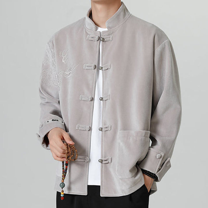 Buddha Stones刺繍ドラゴンカジュアルフロッグボタンコットンメンズジャケットシャツ服 - image 12