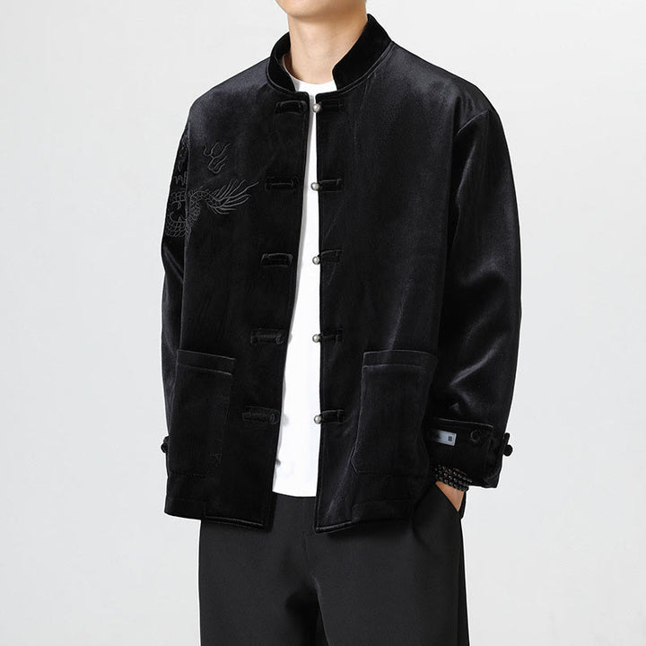 Buddha Stones刺繍ドラゴンカジュアルフロッグボタンコットンメンズジャケットシャツ服 - 黒 - US/UK/AU46、 EU56 (5XL) - image 18