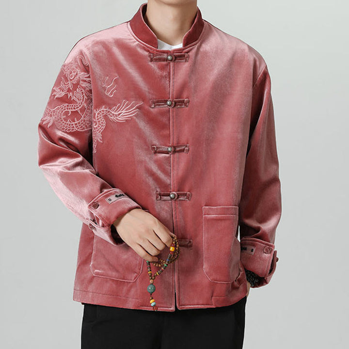 Buddha Stones刺繍ドラゴンカジュアルフロッグボタンコットンメンズジャケットシャツ服 - image 7