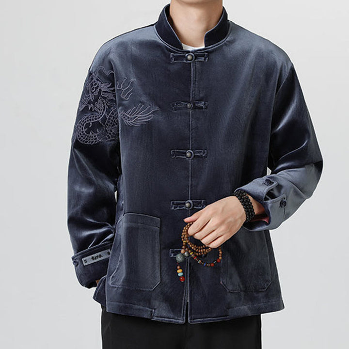 Buddha Stones刺繍ドラゴンカジュアルフロッグボタンコットンメンズジャケットシャツ服 - image 30