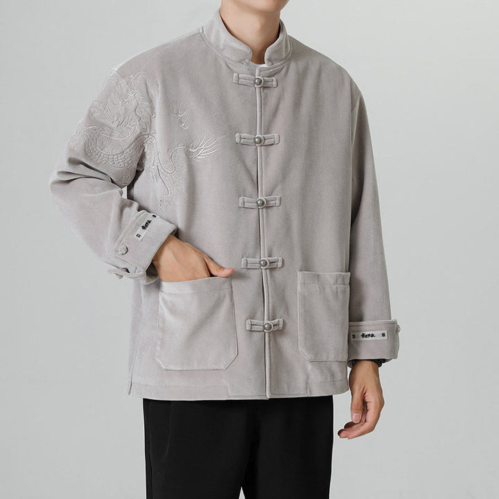 Buddha Stones刺繍ドラゴンカジュアルフロッグボタンコットンメンズジャケットシャツ服 - image 17