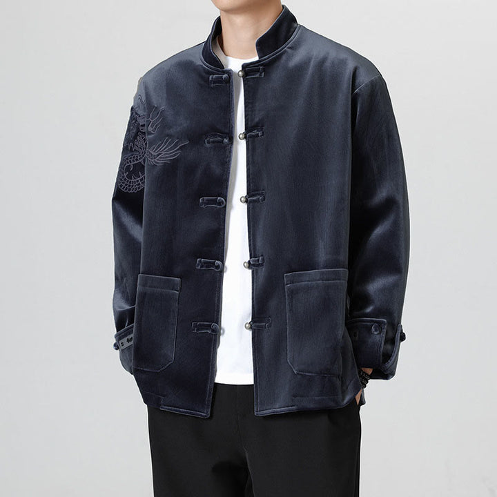 Buddha Stones刺繍ドラゴンカジュアルフロッグボタンコットンメンズジャケットシャツ服 - image 27