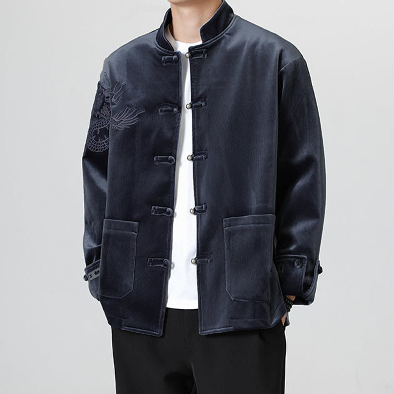 Buddha Stones刺繍ドラゴンカジュアルフロッグボタンコットンメンズジャケットシャツ服 - ミッドナイトブルー - US/UK/AU46、 EU56 (5XL) - image 25