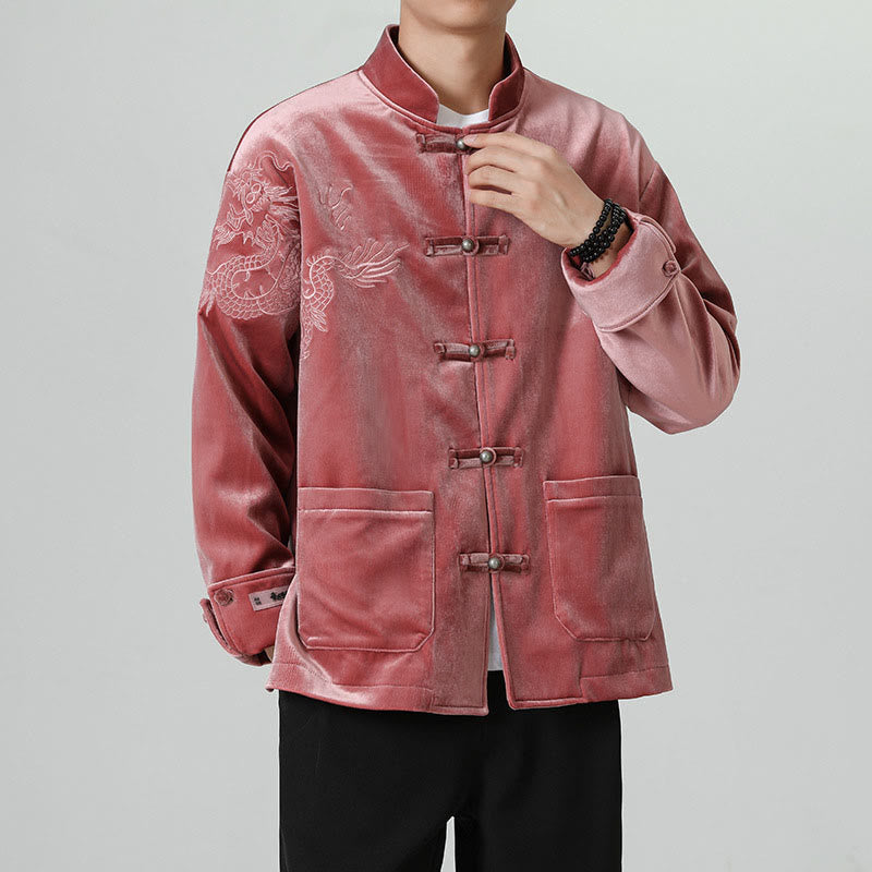 Buddha Stones刺繍ドラゴンカジュアルフロッグボタンコットンメンズジャケットシャツ服 - image 6