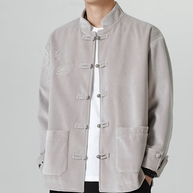 Buddha Stones刺繍ドラゴンカジュアルフロッグボタンコットンメンズジャケットシャツ服 - シルバー - US/UK/AU46、 EU56 (5XL) - image 11