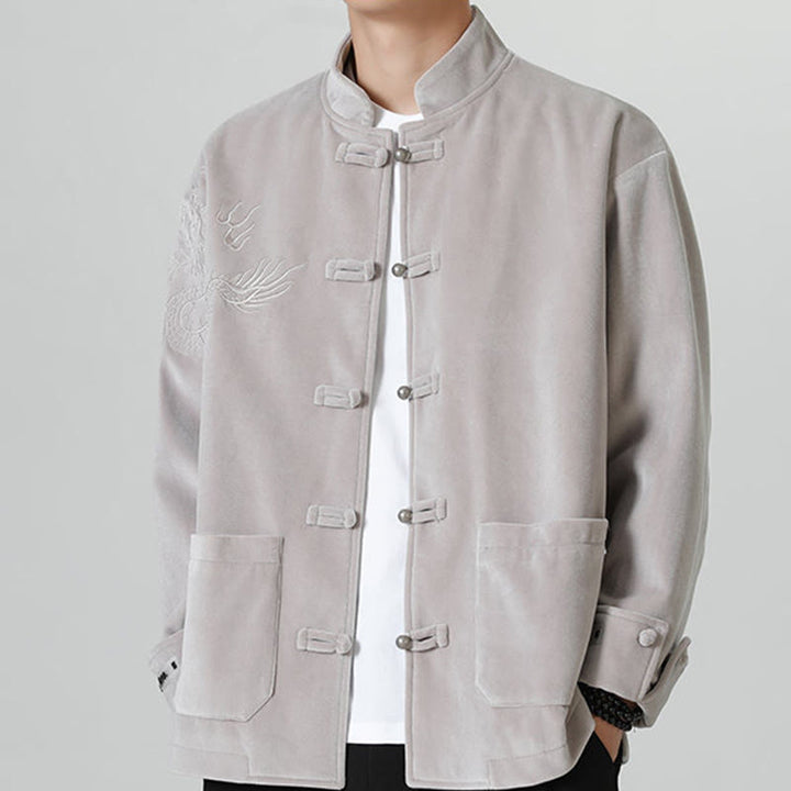 Buddha Stones刺繍ドラゴンカジュアルフロッグボタンコットンメンズジャケットシャツ服 - シルバー - US/UK/AU46、 EU56 (5XL) - image 11