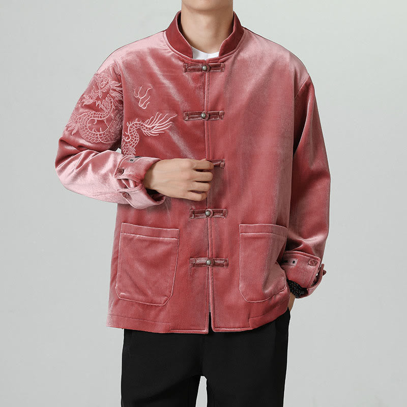 Buddha Stones刺繍ドラゴンカジュアルフロッグボタンコットンメンズジャケットシャツ服 - image 5