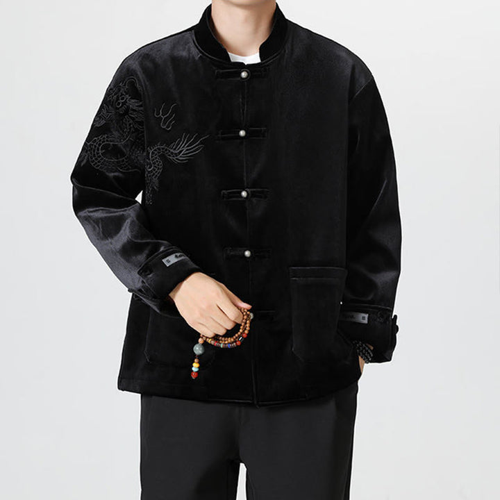 Buddha Stones刺繍ドラゴンカジュアルフロッグボタンコットンメンズジャケットシャツ服 - image 23