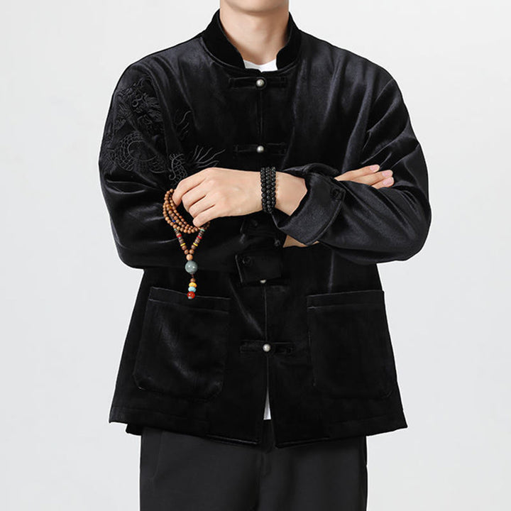 Buddha Stones刺繍ドラゴンカジュアルフロッグボタンコットンメンズジャケットシャツ服 - image 23