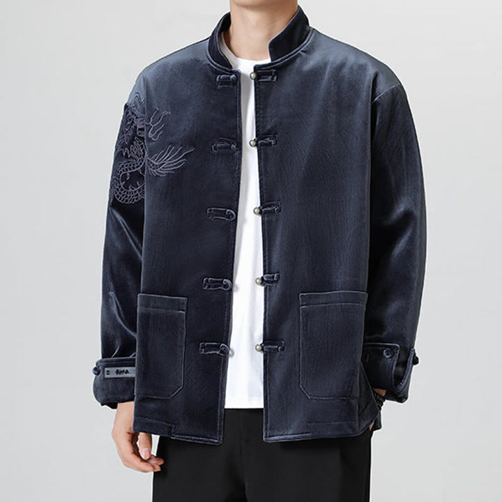 Buddha Stones刺繍ドラゴンカジュアルフロッグボタンコットンメンズジャケットシャツ服 - image 30