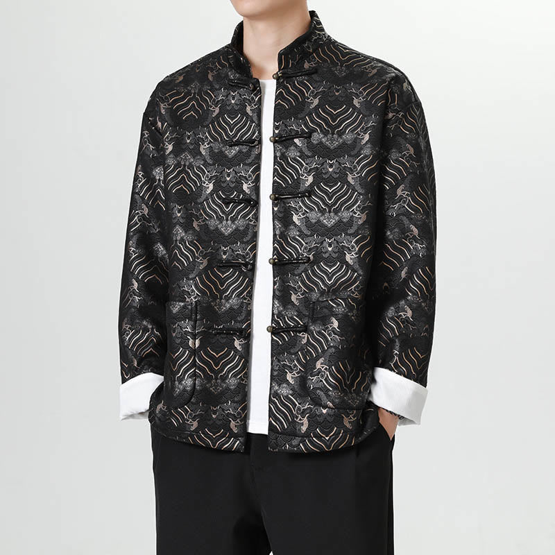 Buddha Stonesカエルボタン 中国唐装 波型 ロングシャツ メンズ ジャケット 衣類 - 黒 - US/UK/AU46、 EU56 (5XL) - image 0