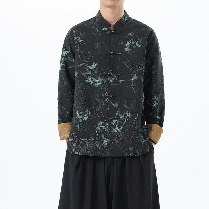 Buddha Stonesプリント竹カジュアルフロッグボタンスパンデックスメンズジャケットシャツ服 - image 8