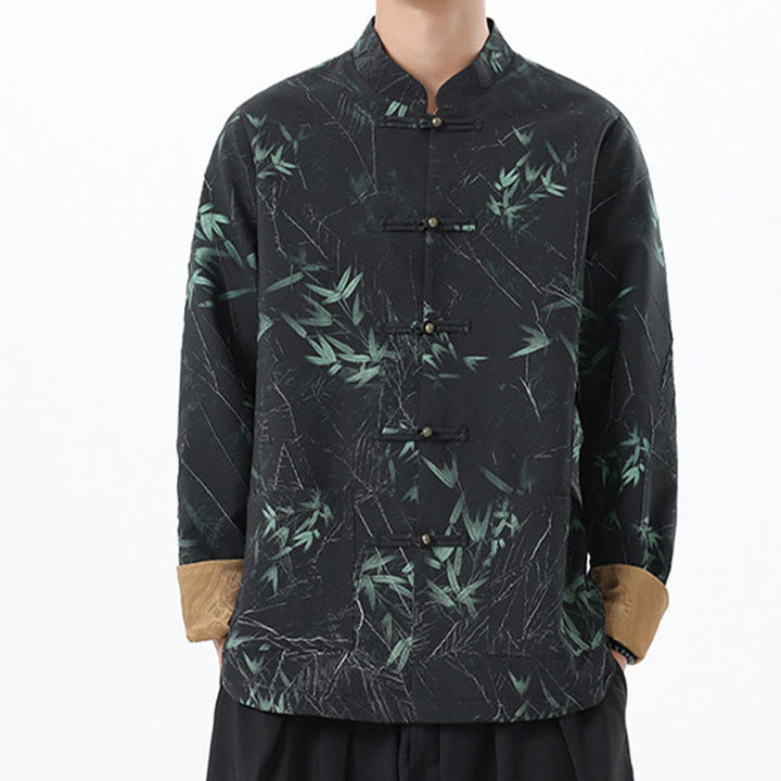 Buddha Stonesプリント竹カジュアルフロッグボタンスパンデックスメンズジャケットシャツ服 - image 6