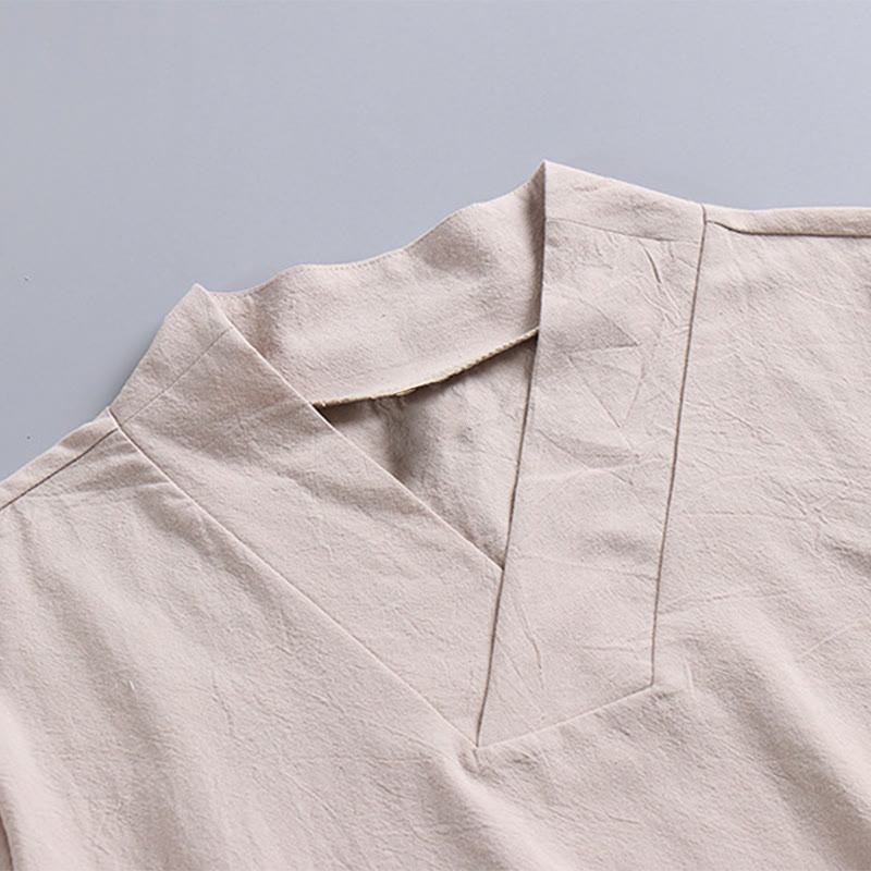 Buddha StonesゆったりメンズTシャツ 無地 半袖 Vネック 通気性のあるコットンリネンシャツ - image 6