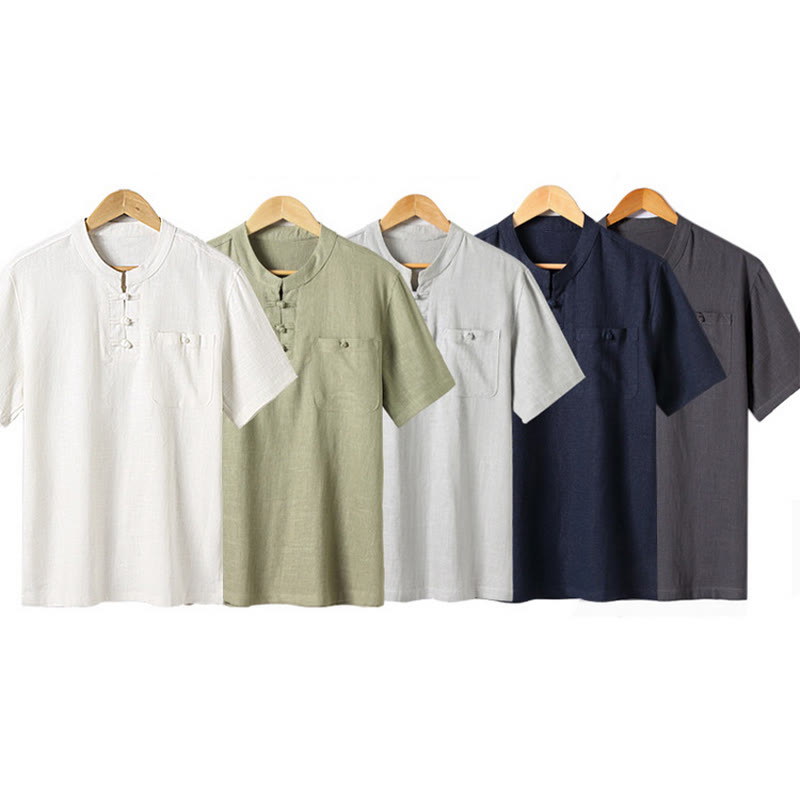 Buddha Stonesゆったりメンズシャツ 無地 ノッチネック トップス 半袖 快適 ボタン 通気性 コットンリネンシャツ - image 16