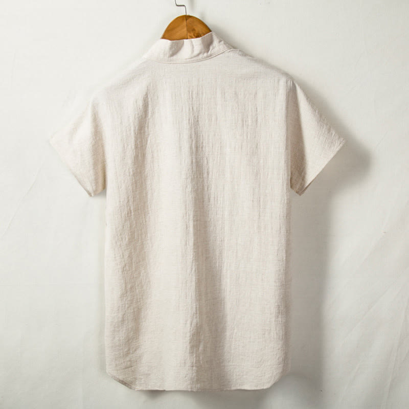 Buddha Stonesメンズ 半袖シャツ ポケット付き Vネック 快適なコットンリネンシャツ - image 1