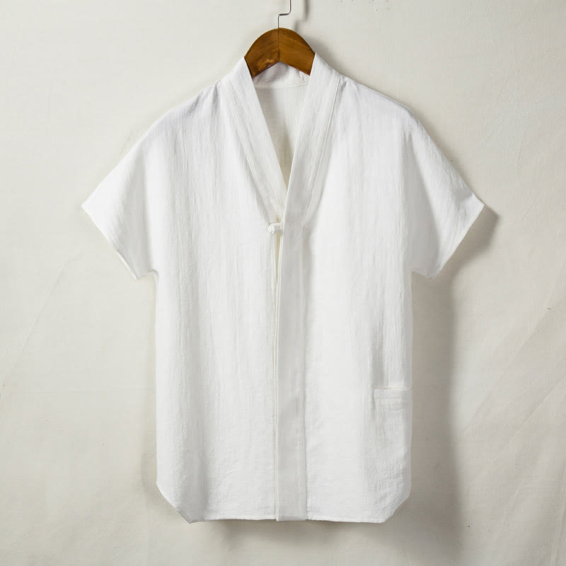 Buddha Stonesメンズ 半袖シャツ ポケット付き Vネック 快適なコットンリネンシャツ - 白 - US/UK/AU44、 EU54 (4XL) - image 2