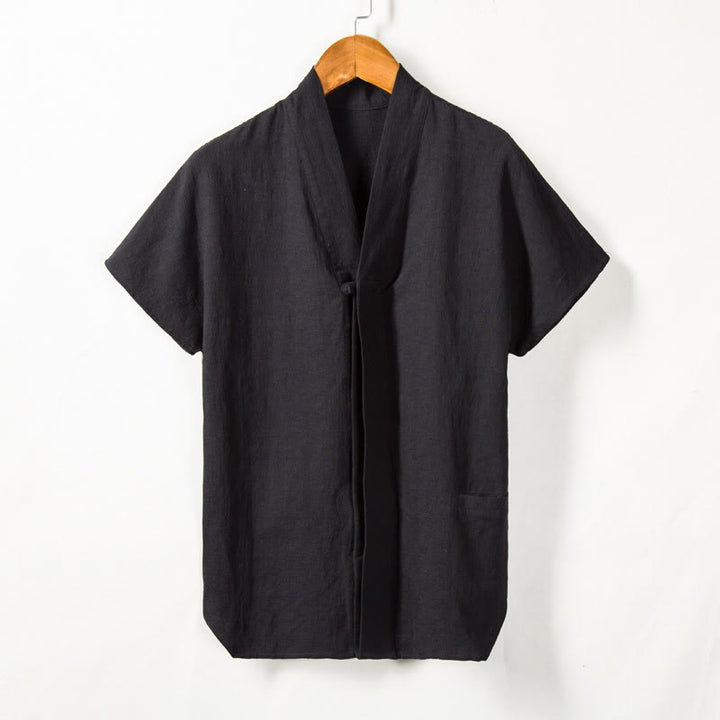 Buddha Stonesメンズ 半袖シャツ ポケット付き Vネック カーディガン 快適コットンリネンシャツ - 黒 - US/UK/AU44、 EU54 (4XL) - image 4