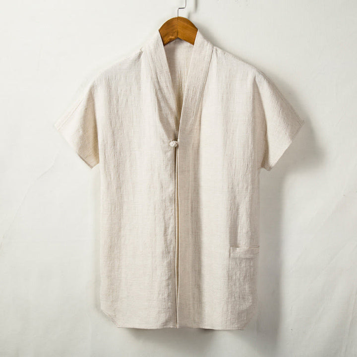 Buddha Stonesメンズ 半袖シャツ ポケット付き Vネック 快適なコットンリネンシャツ - リネン - US/UK/AU44、 EU54 (4XL) - image 0