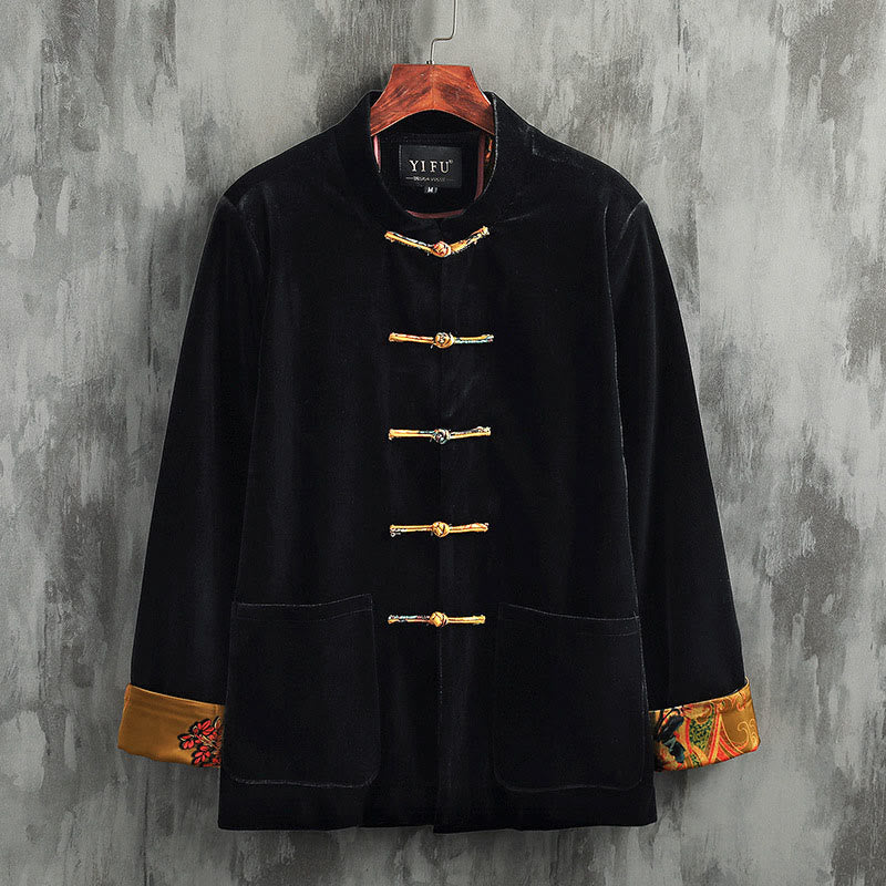 Buddha Stones唐装カエルボタンラウンドネックコットンメンズジャケットシャツ衣類 - 黄色いボタン - US/UK/AU42、 EU52 (3XL) - image 0