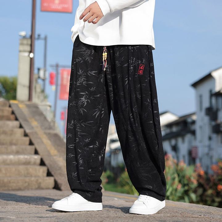Buddha Stones刺繍の葉柄カジュアルコットンメンズパンツ（ポケット付き） - 黒 - US/UK/AU46、 EU56 (5XL) - image 0