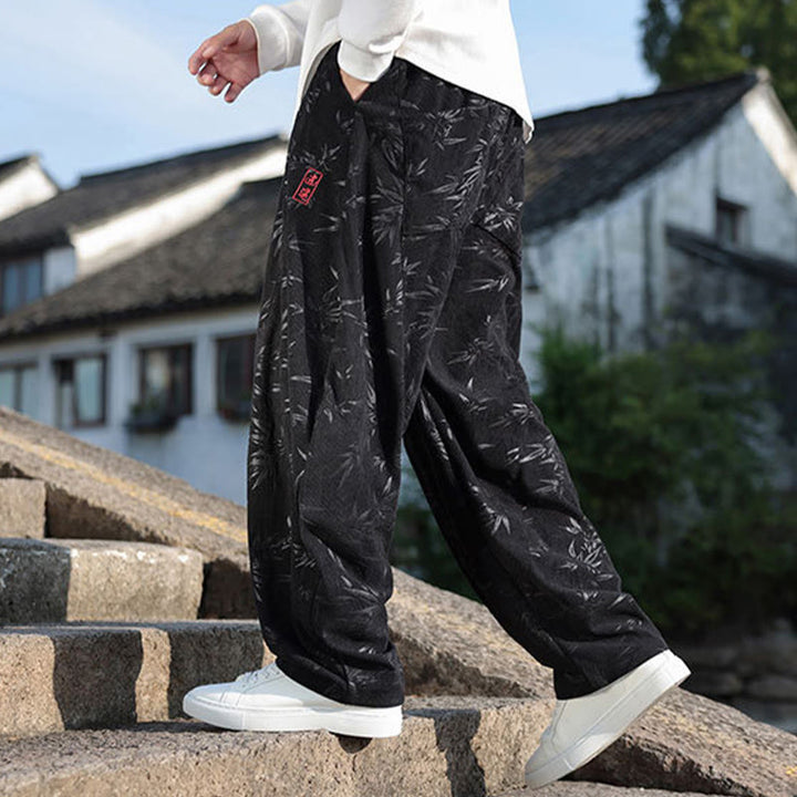 Buddha Stones刺繍の葉柄カジュアルコットンメンズパンツ（ポケット付き） - image 2
