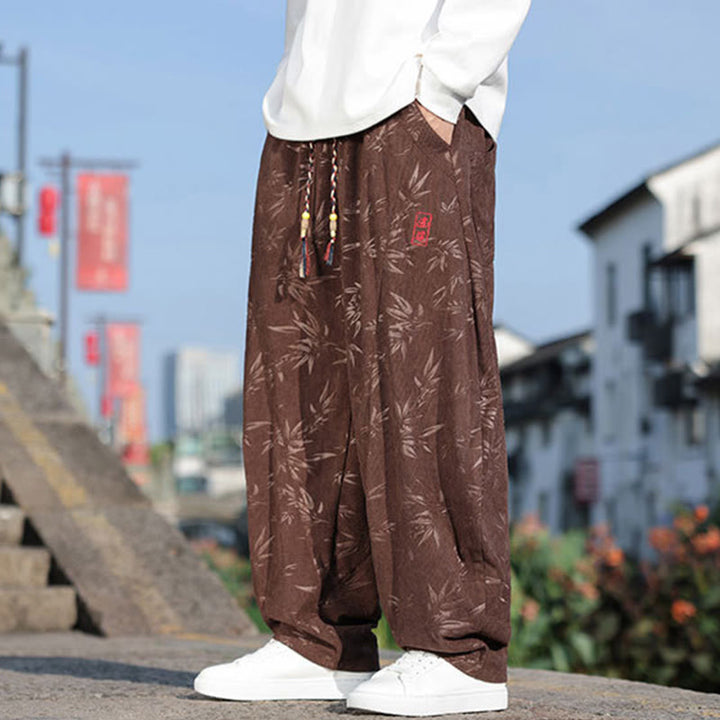 Buddha Stones刺繍の葉柄カジュアルコットンメンズパンツ（ポケット付き） - image 16